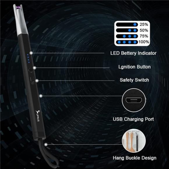 Candle Lighter Electric Arc Lighter Rechargeable USB Lighter w/ LED Light(Black) - Picture 6 of 7